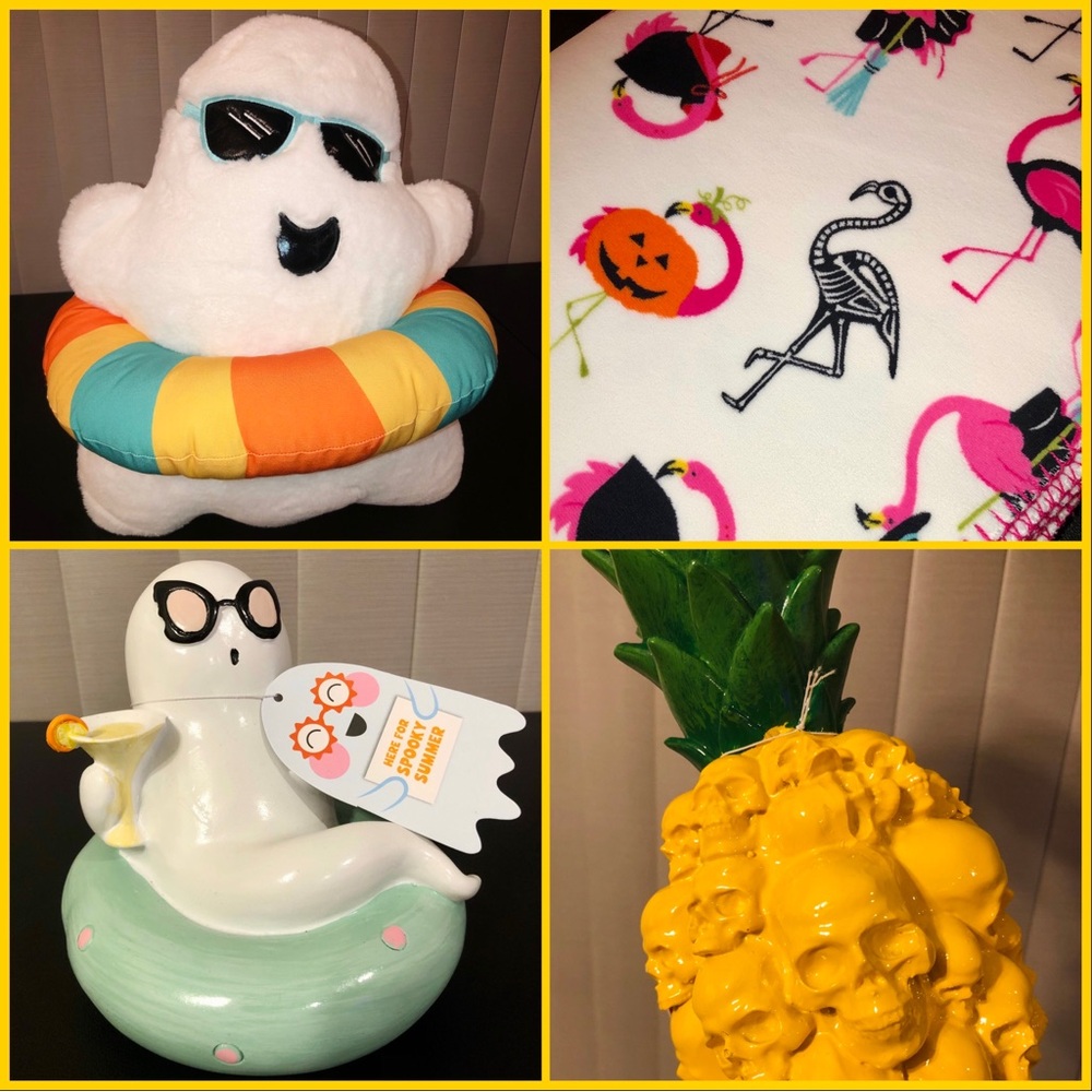 Summerween / Halloween Decor Bundle of 4 (Blanket, Plush, “Table” Decor [x2])